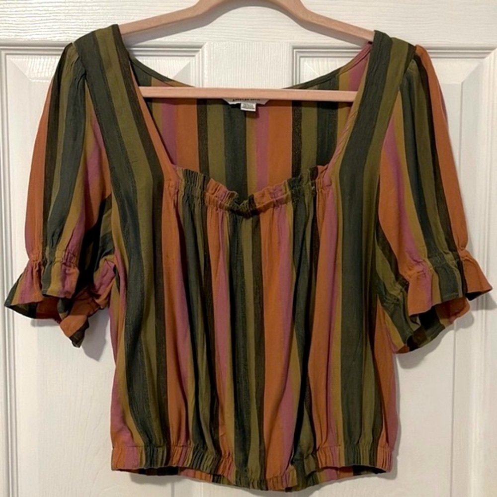 AEO American Eagle Outfitters Striped Crop Top Blouson Short Sleeves